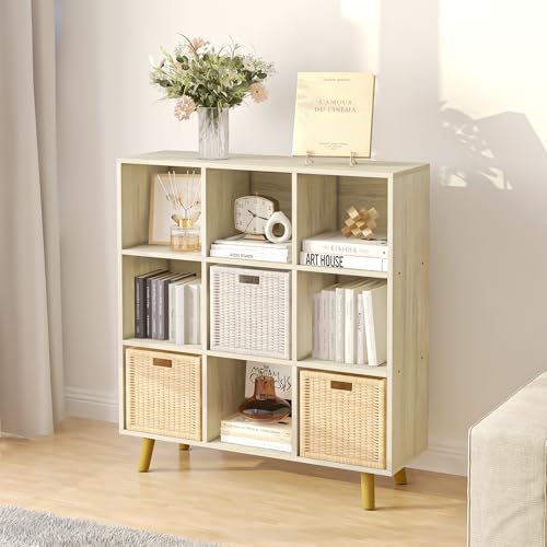 9-Cube Open Shelf Bookcase - 3-Tier Wooden Floor-Standing Bookshelf with Legs and Backpanel, Ideal for 11-inch Fabric Storage Bins and Miscellaneous Organizer, Oak - color: Oak, size: 9-Cube