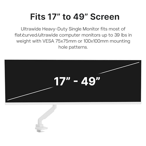 Pixio PS2S White Ultrawide Heavy-Duty Premium Single Monitor Arm Stand Desk Mount - Fits up to 49 inches Monitors, Weights up to 39lbs Flat / 31lbs Curved, Compatible with VESA 75x75 100x100mm - color: White, size: Single 17"-49"