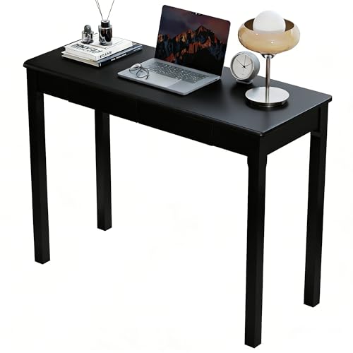 Solid Wooden Desk with Drawers - 39 x 16 Inch Modern Narrow Desks, Rubberwood Simple Study Table, Small Writing Desk for Bedroom|Small Spaces - Black Desks - color: Black, size: 39.4 in W x 15.7 in D