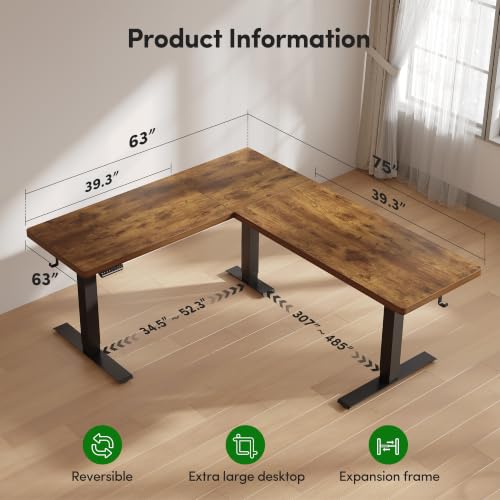 FEZIBO Triple Motors 25mm Tabletop L Shaped Standing Desk, 75" X 63" Electric Standing Gaming Desk Adjustable Height, Corner Stand up Desk with Splice Board, Black Frame/Rustic Brown Top - color: Rustic Brown, size: 75x63 Pro