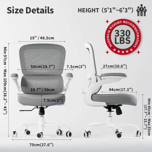 TRALT Ergonomic Office Chair Desk Chair with Adjustable Lumbar Support | Desk Chair Comfy with Flip-up Armrests Ergonomic Chair - Mesh Computer Chairs for Adults, 330lbs, PU Leather (Grey, 1) - color: Grey, size: Pack of 1