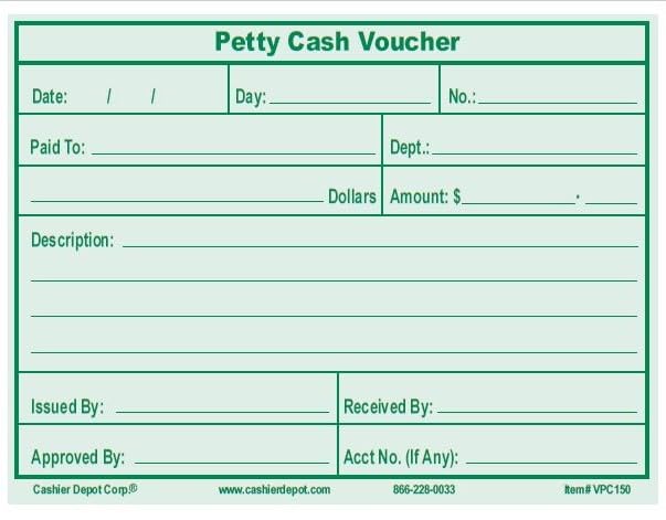 500 Cashier Depot Petty Cash Vouchers 5 1/2" x 4 1/4", Printed in Green, 24lb White Paper, 500/Box - size: Petty Cash