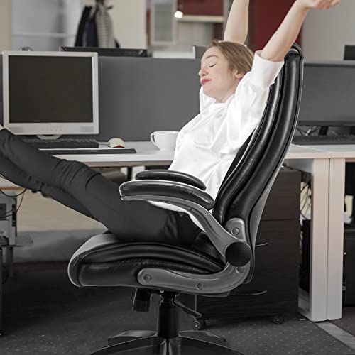 MALOL Leather Executive Office Chair - High Back Home Computer Desk Chair with Padded Flip-up Arms, Adjustable Tilt Lock, Swivel Rolling Ergonomic Chair for Adult Working Study, Black - color: Black