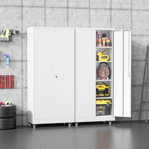 Bonusall 72" Metal Garage Storage Cabinet with Wheels, 2-Door Steel Locking Cabinet with 4 Adjustable Shelves, Heavy Duty Rolling Utility Cabinets for Warehouse, School - White - color: White, size: RMC-73-D16