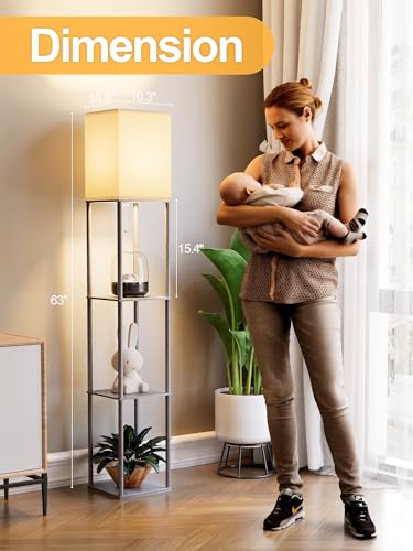 Floor Lamp with Shelves for Living Room, Shelf Floor Lamp with 3 CCT LED Bulb, Corner Display Standing Column Lamp Etagere Organizer Tower Nightstand with White Linen Shade for Bedroom, Dark Gray - color: Dark Gray