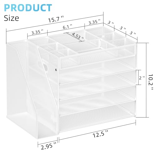 Marbrasse 5-Tier Desk Organizer with File Holder,Paper Letter Tray Organizer,Desktop File Organizer with Adjustable Compartments,Mesh Desk Organizers and Accessories for Office Supplies,White - color: File Organizer With File Holder-w
