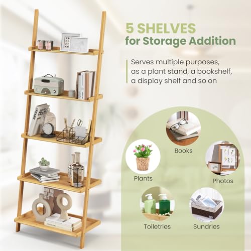 Tangkula 5-Tier Ladder Shelf Bookcase, Bamboo 72”H Wall-Leaning Bookshelf with Baffles and Anti-Tipping Kits, Plant Stand for Living Room Bathroom Home Office Decor, Ladder Bookshelf, Natural - size: 26" x 14.5" x 72" (L x W x H)