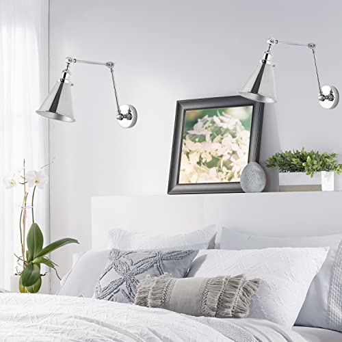 JONATHAN Y Rover 1-Light Wall Sconce 7", Chrome, Set of 2 | Adjustable Arm, Hardwired Bedside Reading Swing Arm, Farmhouse Cone Shade, Metal Hardwired Indoor Fixture, LED Bulbs Included - color: Chrome, size: Set of 2