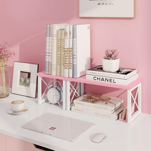 ELITEROO Desktop Shelf, 2 Tier Independent Stackable Desk Stand, Adjustable Freestanding Table Top Mini Bookshelf, Aesthetic Storage Organizers for Women/Girls/Daughter, Pink - color: Pink