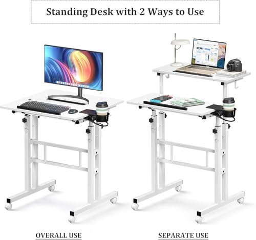 Simple Deluxe Split Top Rotating Standing Desk on Wheels – 23.6" Manual Adjustable Height Mobile Laptop Computer Table – Sit Stand Rolling Workstation with Tilt Function – White - color: White