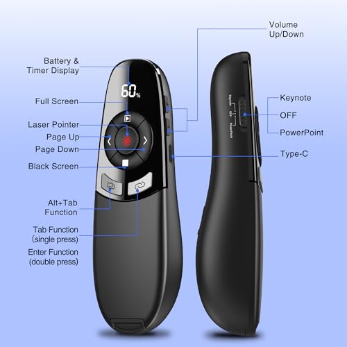 Presentation Clickers for PowerPoint with Timer, Wireless Rechargeable Laser Pointer for Laptop Presentations Remote, Power Point Remote Clicker for Computer/Mac/PPT/Google Slide Advancer - size: Re-Red-Timer-Battery Display