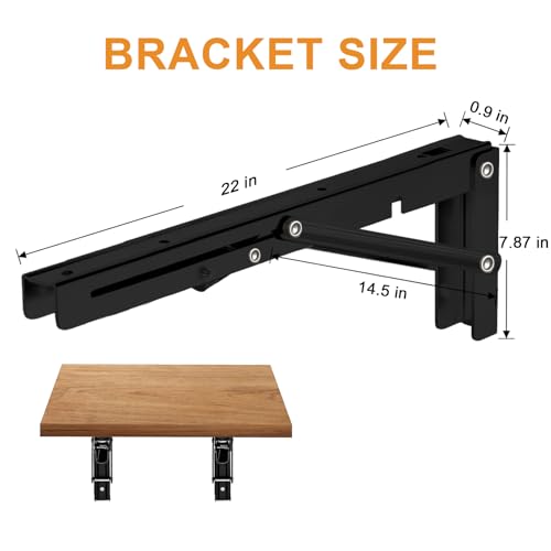 Storystore Folding Shelf Brackets - 22 Inch Heavy Duty Metal Collapsible Shelf Bracket for Bench Table, Shelf Hinge Wall Mounted Space Saving DIY Bracket, Max Load: 150 lb (2 PCS, Black) - size: 22 Inch