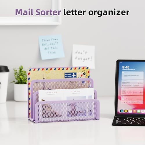 Marbrasse Mail Organizer for Desk, 3-Slot Mesh Metal Mail Holder countertop, Letter Holder, Office Desktop Envelope and Document Storage Rack (Purple) - color: Purple