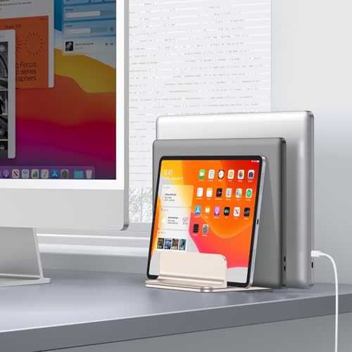 OMOTON 3-Slot Multiple Vertical Laptop Stand, Fits MacBook, Starlight | Adjustable Width 0-1.38", Aluminum Office Space-Saving for Desk, Fits MacBook/Book/iPad Up to 17.3in - color: Three Slots-Starlight