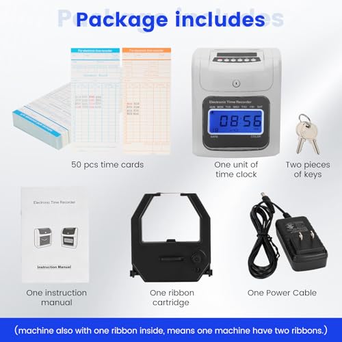 Time Clock for Employees Small Business, Auto-Align Punch Clock with 50 Time Cards, 2-Color Printing (Black/Red), Backlit LED Display, Attendance Machine for Office