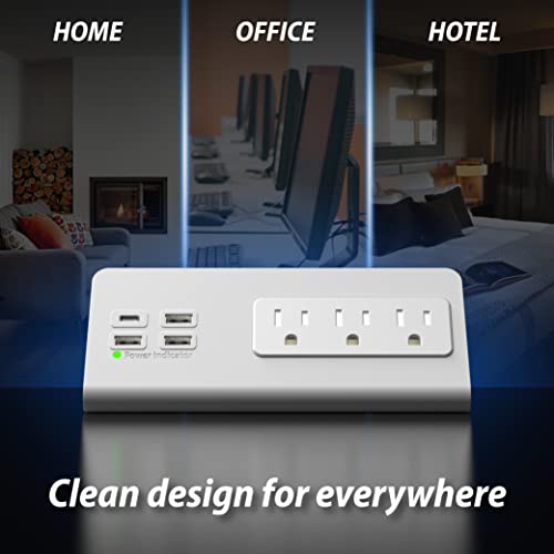 Nightstand Edge Mount Power Strip with USB-C Ports Tabletop Surge Protector Desk Clamp Power Sockets with 3 AC Outlets &4 Fast Charging USB Ports for Home Office Hotel and Dormitory - color: White