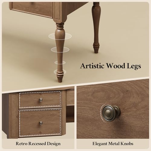 59in Wood Executive Desk with Solid Wood Legs & Keyboard Tray, Brown - color: Brown-1, size: Solid Wood Legs