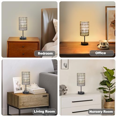 Gray Bedside Lamps Set of 2, Touch Control Night Stand Lamp for Bedroom with Rattan & Linen Shade & Bulbs, 3 Way Dimmable Small Boho Table Lamps with USB Charging Port & Phone Stand - color: Gray-2pack