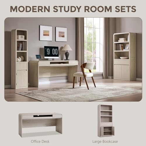 72" Tall Modern Bookshelf with Doors, 5-Tier Large Bookcase w/Drawer, Wooden Storage Cabinet w/Adjustable Shelves, Versatile Book Shelf w/Curved Profile Design for Living Room, Office, Cream - color: Cream