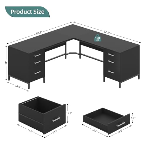 TVU 59’‘ L Shaped Desk with 6 Wood Drawers, Large Home Office Corner Computer Desk with Storage File Cabinet, Modern Metal Wood Desk for Executive Writing Study Workstation, Black