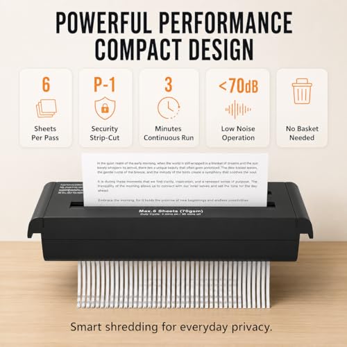 Compact Strip-Cut Paper Shredder, 6-Sheet Capacity, P-1 Security Level, 3-Minute Continuous Run, 4 Control Modes, Fits Most Trash Cans, Black