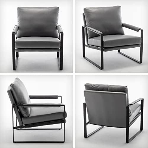 Modern Faux Leather Accent Chair, Upholstered Armchair with Metal Frame, Thick Seat Cushion and Oversized Back Pillow, Easy-Clean Lounge Chair for Living Room, Bedroom, Office and Reception - color: Dark Grey