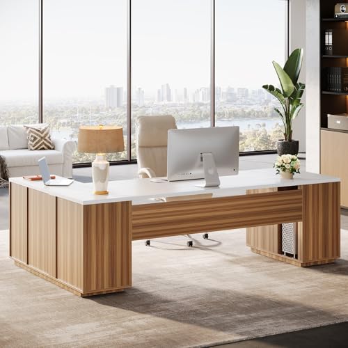 Tribesigns 85.8-Inch L-Shaped Executive Desk, White & Brown - color: White & Brown