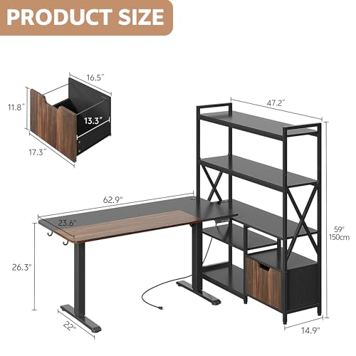 77.8 Inches L Shaped Standing Desk Corner Desk with Hutch Electric Height Adjustable Desk with Storage Shelves File Drawer Power Outlets Reversible Computer Gaming Desk for Home Office Black - color: Black
