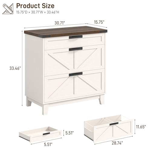 Halitaa Lateral File Cabinet with 3 Drawers, Wood Farmhouse File Cabinet for Home Office, Large Filing Storage Cabinets Printer Stand for Letter/Legal/A4 Size Hanging File, White and Brown - color: Farmhouse White