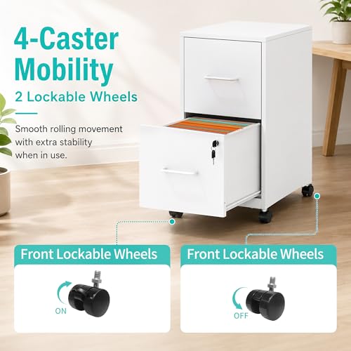 SAWJEC 2 Drawer Metal File Cabinet with Lock, White Mobile Filing Cabinet | 17.7"D x 15"W x 26.8"H, White Mobile Locking File Cabinet, Assembly Required, Fits Letter Hanging Files - color: White, size: 17.7"D x 15"W x 26.8"H