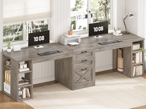 SEDETA Farmhouse 96.5" 2 Person Computer Desk with Drawers, Grey - color: Grey