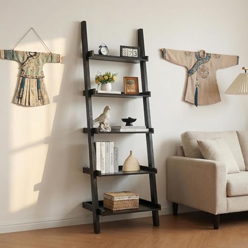 5 Tier Ladder Bookshelf, Black Leaning Bookcase for Home | Layered shelves with raised side lips help style books, plants, baskets, and decor in living rooms, bedrooms, or offices.