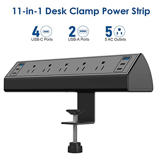 Desk Clamp Power Strip USB C,Under Desk Mount Power Station,20W Fast Charging,Fits 1.9'' Tabletop Edge,Desk Surge Protector,Perfect Home,Office Supplies (Black, 5 Outlets & 6 USB Ports & 10 FT Cable)