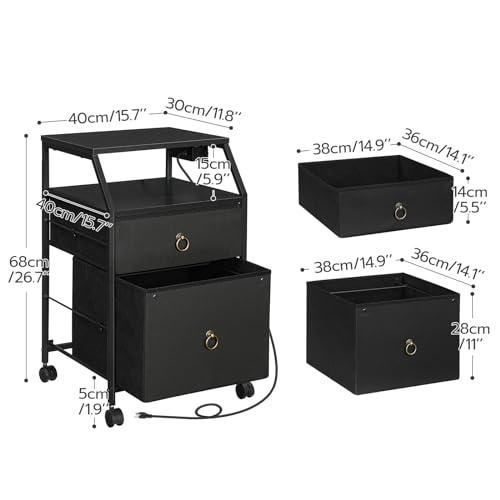 HOOBRO 2-Drawer Mobile File Cabinet, Filing Cabinet with Charging Station, Rolling Printer Stand with Open Storage Shelf, fits A4/Letter-Size for Home Office, Nonwovens Drawer, Black BB10UWJ01
