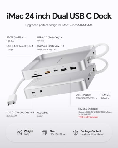 11-in-1 USB C Hub for iMac 24" 2021-2024 with M.2 NVMe 4TB SSD Enclosure | PULWTOP Aluminum iMac Hub with HDMI 4K@60Hz, 2.5G Ethernet, 5 USB A/C 10Gbps, SD/TF, Audio, iMac M4 Dock for M1/M3/M4, Silver - color: Silver