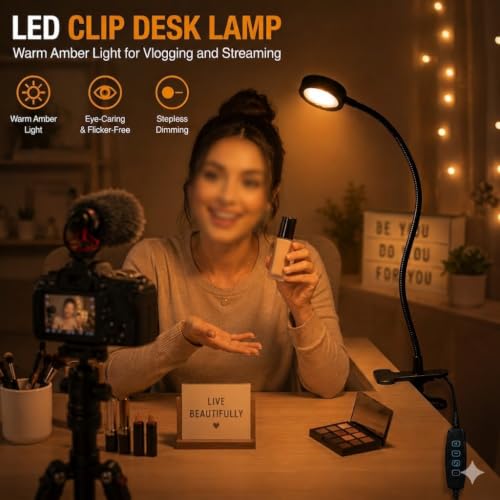 USB Clip-On Lamp Eye Caring Dimmable Reading Light (Amber+Cool White, 8W) | Dimmable, Inline Switch, 1MTimer, USB 5V Port, 1800K+6000K, 81inch Long Cable, Flexible Gooseneck, Metal Head and Clip - color: Amber + Cool White