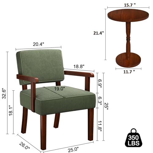 FAGAGA Corduroy Accent Chairs Set of 2, 2 Solid Wood Armchairs with Table - color: Corduroy Green, size: One Set