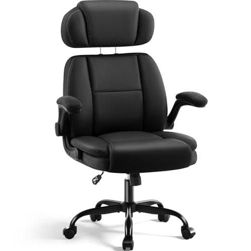 Ergonomic Office Chair with Lumbar Support, 400lbs Heavy Duty Big and Tall Executive Desk Chair, PU Leather High Back Computer Chair with Flip-Up Arms & Adjustable Headrest, Black - color: Black, size: Adjustable Headrest Office Chair