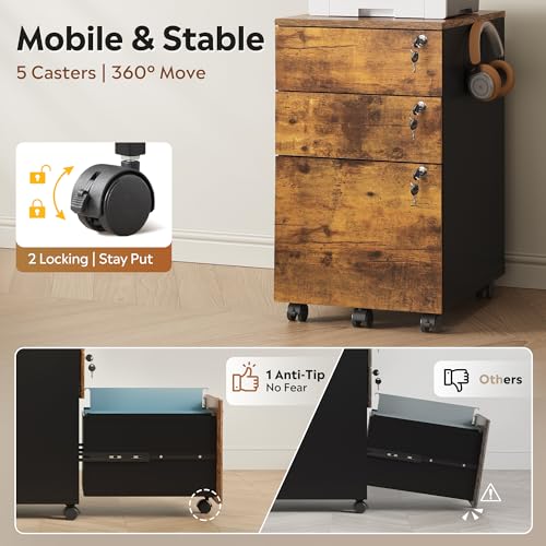 DEVAISE 3 Drawer Wood File Cabinet with Individual Locks, Rustic Brown - color: Rustic Brown