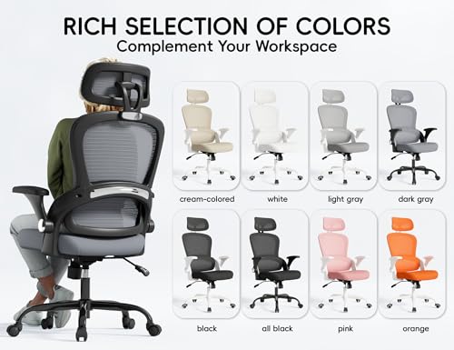 TRALT Office Chair - Ergonomic Desk Chair with Headrest Support for Adults | Home Office Desk Chair with Lumbar Support - Ergonomic Mesh Chairs 330 lb Wide Seat with Lumber Comfy Desk Chair(Black Grey) - color: Black Grey