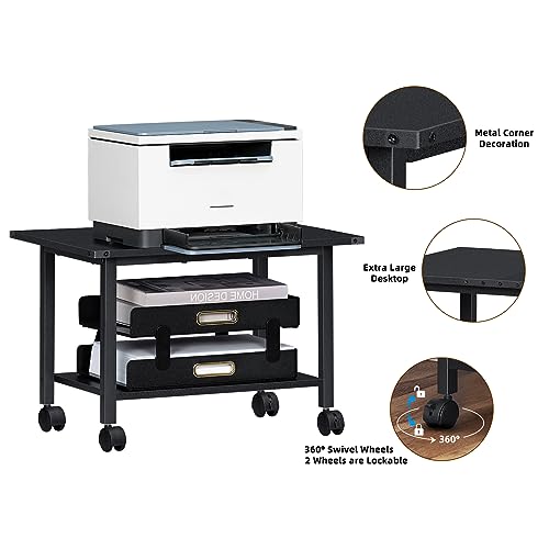 Lerliuo Under Desk Printer Stand, 2-Tier Industrial Mobile Printer Table with Storage Shelf and Steel Frame, Rolling Printer Cart Holder with Lockable Wheels for Home, Office (Black) | Black Small Mobile Printer Cart Desk for Home Office, Lockable Wheels,