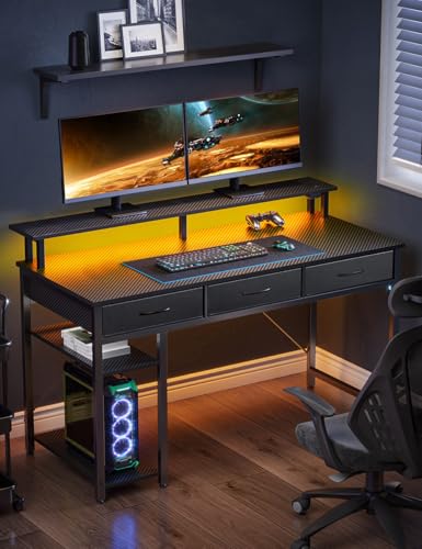 Rolanstar Computer Desk with Power Outlets & LED Light, 39 inch Home Office Desk with 3 Drawers and Storage Shelves, Writing Desk with Monitor Stand, Modern Work Desk for Home Office, Carbon Black
