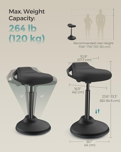 SONGMICS Ergonomic Wobble Stool, Height Adjustable Swivel Balance Chair - color: Ink Black (Fabric Upholstery), size: 16.5"D x 15"W