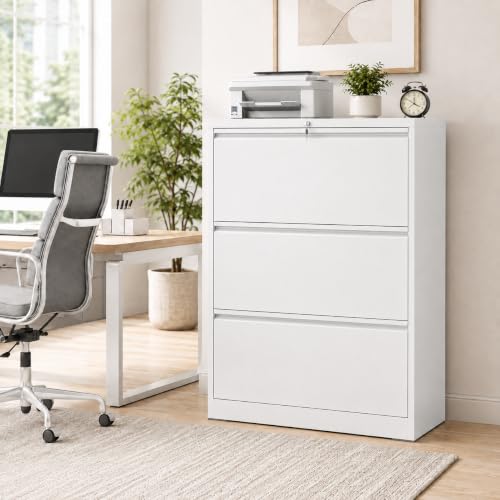 3 Drawer File Cabinet with Lock, Metal File Cabinet, White - color: White, size: 40.4"H - 3 Drawer