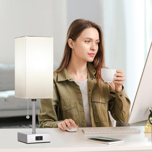Dott Arts Touch Control Bedside Lamp, 3 Way Dimmable Nightstand Lamp with 2 USB Ports & AC Outlet, Modern Style, White Fabric Shade - color: Nickle+white, size: 15inch
