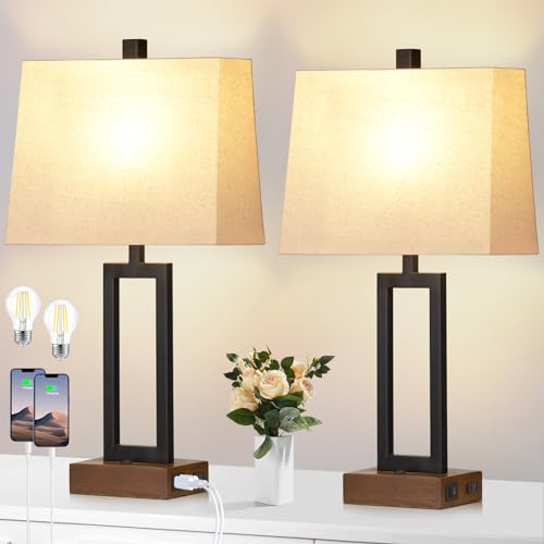Lolikit Table Lamp for Bedroom Set of 2 with 2 USB Ports and AC Power Outlet, 23.5" Modern Bedside Lamp, Wood Nightstand Lamp with Linen Shade for Living Room Hotel Desk(LED Bulb Included) - color: Black