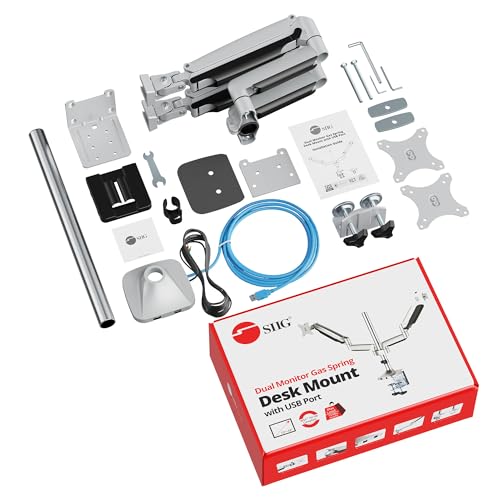 SIIG Dual Monitor Gas Spring Desk Mount W/USB Port | Mount two monitors on a desk from 13"-32" up to 19.8 lbs each; gas-spring adjustment and C-clamp confirm desk fit.