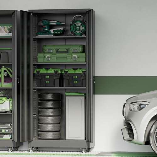Metal Storage Cabinet with Wheels, 73" H Rolling Metal Cabinets with Doors and Shelves, Black Steel Lockable Cabinet on Wheels for Garage Storage