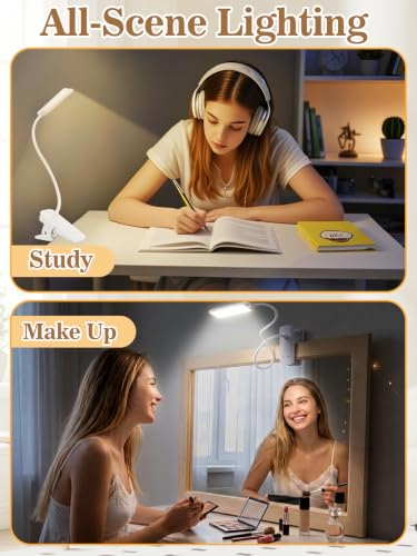 Eye Caring Clip on LED Bed Light 5 Color 5 Brightness Rechargeable Wireless | Flexible Neck Desk Lamp for College Dorm Essentials Reading