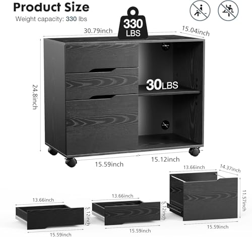 Healsmart Multifunction File Cabinet with Wheels, 3-Drawer Rolling Storage Organizer with Wood Top & Adjustable Shelf, Mobile Filing Cabinet Printer Stand for Home Office Small Space, Black - color: Black, style: Upgrade